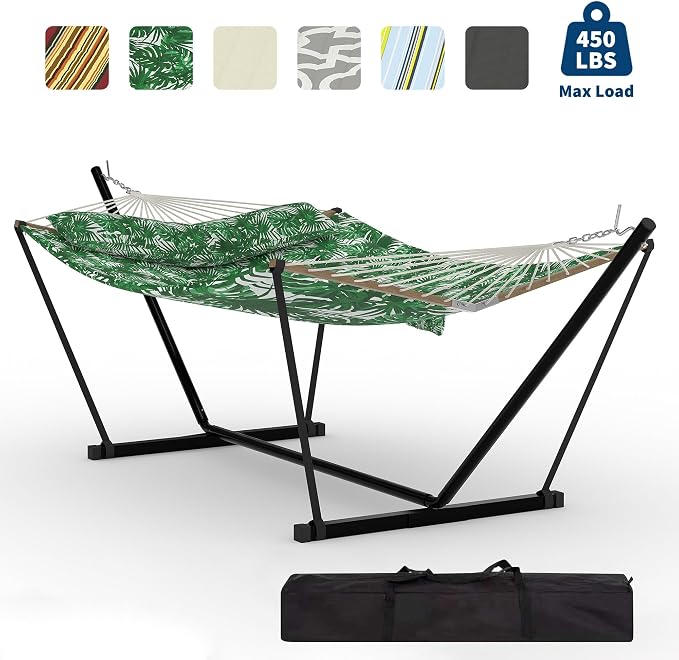 2 Person Heavy Duty Outdoor Hammock with Stand, Portable Double Hammock with Hardwood Spreader Bar, Pillow & Balance Ropes, 450LB Max Capacity with Carry Bag for Patio Backyard Garden Beach