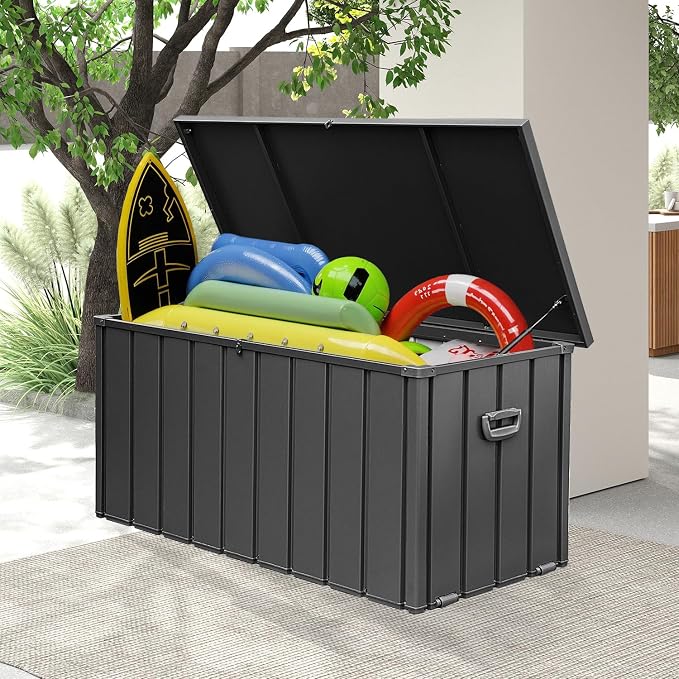 Domi 100 Gallon Deck Box, Metal Outdoor Storage Box with Lock Wheels, Waterproof Outside Storage Box for Patio Cushions