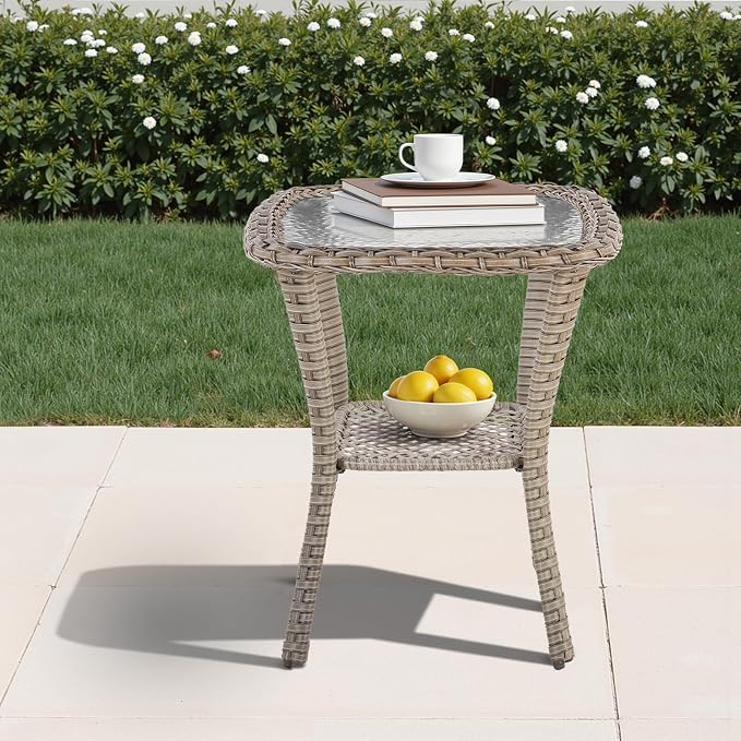 Patio Tables Wicker Side Table, Square Rattan Coffee End Table Outdoor with Storage, Tempered Glass Top Patio Side Tables for Deck Porch Sunroom Backyard