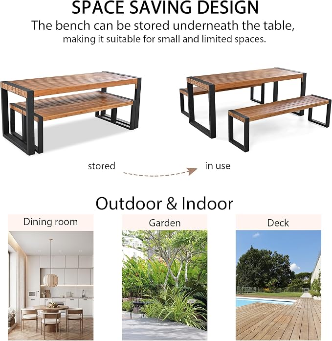 3-Pieces Outdoor Dining Table with 2 Benches, Patio Dining Set with Unique Top Texture, Acacia Wood Top & Steel Frame, All Weather Use, for Outdoor & Indoor, Natural