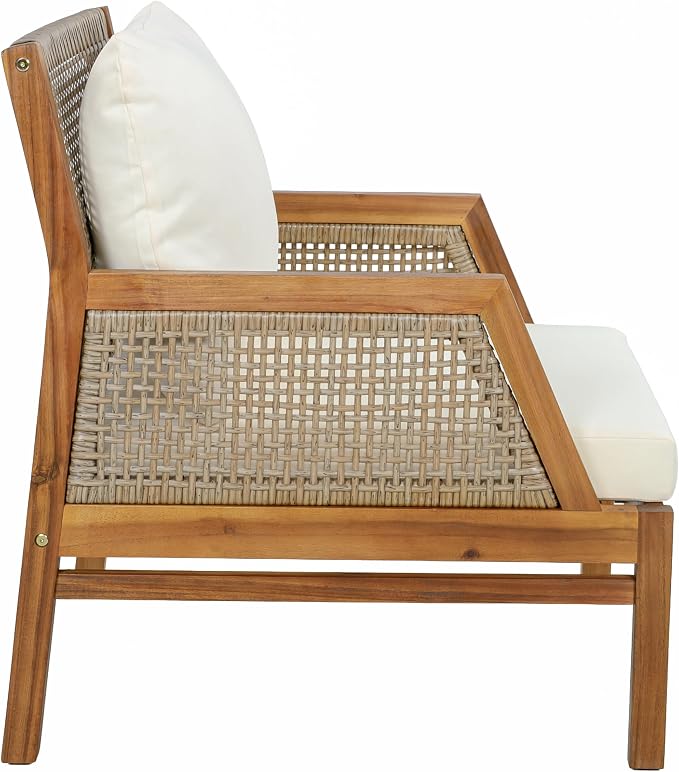 Christopher Knight Home Zura 4 Piece Patio Furniture Set with Removable Cushion, Outdoor Acacia Wood Conversation Set with Ottoman, Outdoor Sectional Sofa Set with Coffee Table, Teak+Cream