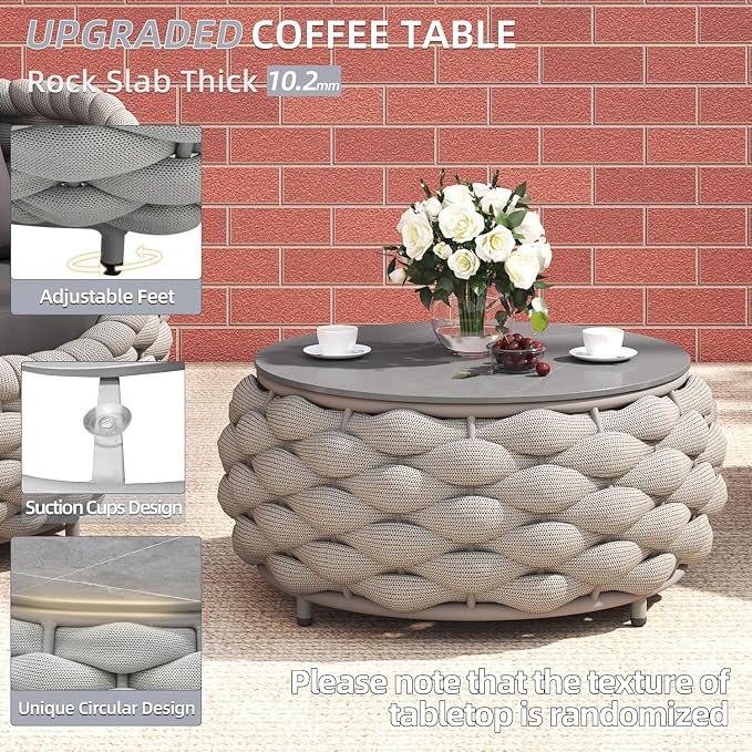 TWT 6-Piece Modular Outdoor Sectional Sofa Set, 5-Seater Woven Rope Patio Conversation Set with Coffee Table, Water-Resistant Cushions, for Backyard Balcony Deck,Khaki Gray