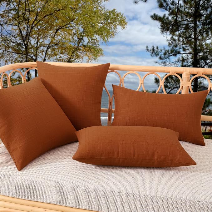 Kevin Textile Outdoor Waterproof 20”x20” Pillow Covers 2 Pack, Burnt Orange | Water Resistant, Soft Faux Linen-cotton Yarn-dyed Woven Texture Throw Pillow Covers for Tent Patio Garden Couch Sofa
