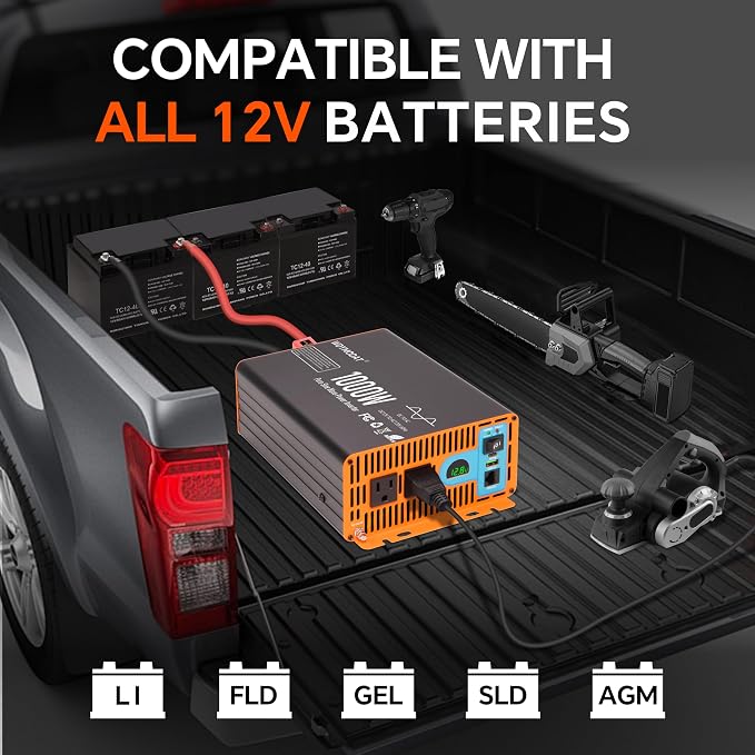 1000W Pure Sine Wave Inverter,12V DC to 120V AC Car Power Inverter 2000W Peak with 2AC Outlets, 3.0A USB and Type-C, LCD Display 16.5 ft Remote Control for RV Truck Travel Solar Emergency