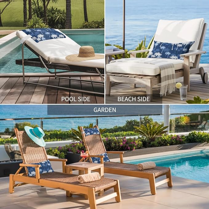 Tropical Palm Tree Outdoor Pillows for Chaise Lounge Chair Waterproof Lumbar Pillows with Insert&Adjustable Elastic Strap Beach Headrest Pillow Navy Blue White Plants Coastal Leaf Pool Pillow 12"x20"
