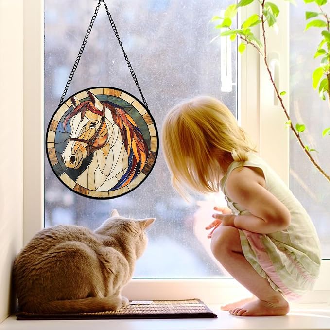 DASTOLL Stained Glass Window Hanging, Animal Horse Colored Mane Sun Catchers Glass Panel Cool Suncatcher Decor for Birthday for Women, Men, Wife, Aunt, and Mom 11.8x11.8 in