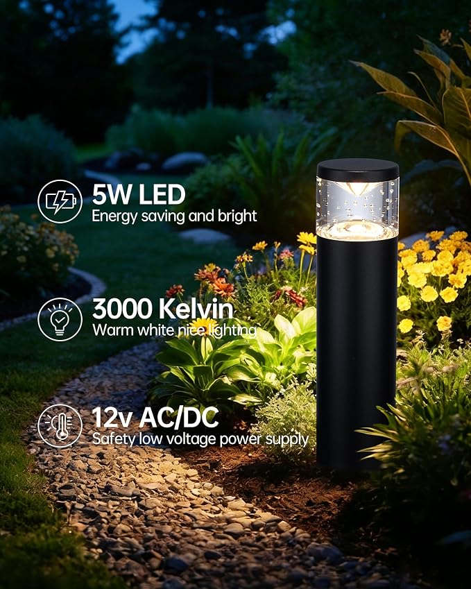 LITFIT 6Pack Low Voltage Bollard Landscape Lights, 12V Aluminum Path Light | 5W 3000K Warm White Electric Outdoor Garden Light with Connectors, 50000H Waterproof Wired LED Lawn Walkway Light, ETL Listed