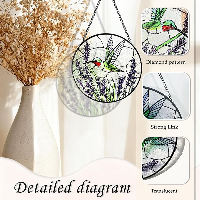 Hummingbirds Suncatcher Stained Glass, Hummingbird Suncatcher Ornament, Hummingbird Suncatcher for Grandma/Mom/Women (Purple Flower Bird)