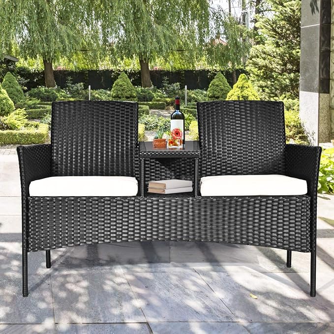 COSTWAY 2-Seat Patio Conversation Sets, Outdoor Patio Loveseat Set with Removable Cushions & Built-in Coffee Table for Backyard, Garden, Lawn, Balcony, Black+Beige