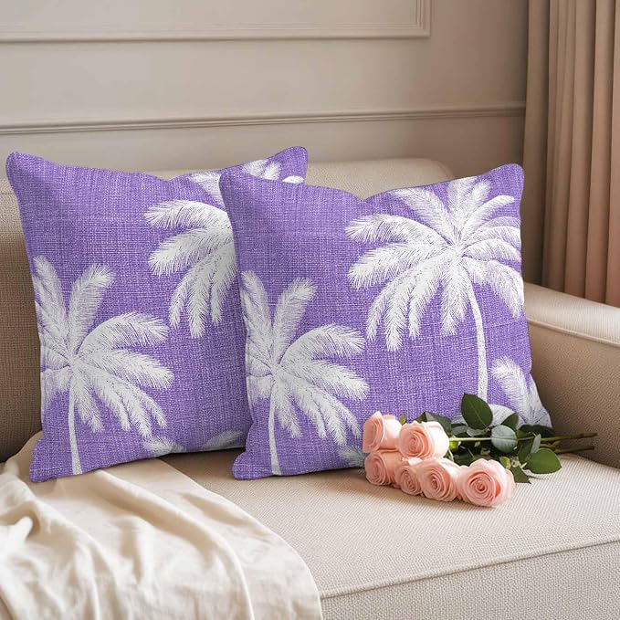 Outdoor Pillow Covers 18x18 Inch Set of 2, Purple Palm Trees Waterproof Throw Pillow Covers, Farmhouse Tropical Summer Beach Decorative Cushion Pillowcases for Couch, Sofa, Bed, Garden, Patio