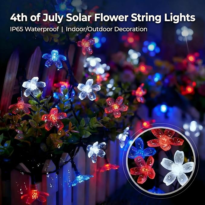 ITICdecor 50 LED Solar Flower String Lights Outdoor Waterproof 4th of July Fairy Light Decorations for Garden, Fence, Patio, Yard &Party Decoration (Red White&Blue)