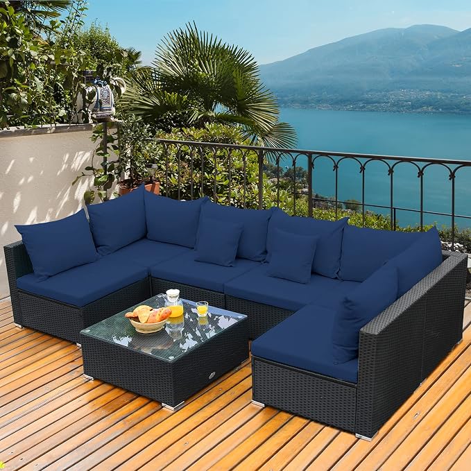 Tangkula 7-Piece Patio Furniture Set, Outdoor Sectional Wicker Sofa with Pillows and Cushions, Conversation Set with Coffee Table & Tea Table for Garden, Lawn (Navy Blue)
