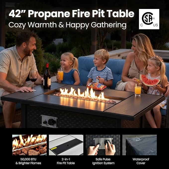 9-Piece Wicker Outdoor Sectional Furniture with Fire Pit, Wide Armrest Patio Couch Set Swivel Rocking Chair Ottoman Solar Table, Modular Conversation Sets for Backyard Deck Garden, Denim Blue
