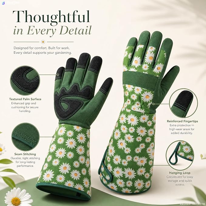 Thornproof Rose&Cactus Gardening Gloves,Gauntlet Garden Glove,Gifts | Canvas,Cute Floral Pattern,Leather Palm,Touchscreen,Durable Material,Garden Gift,Men&Women,Machine Washable,Adjustable Cuff