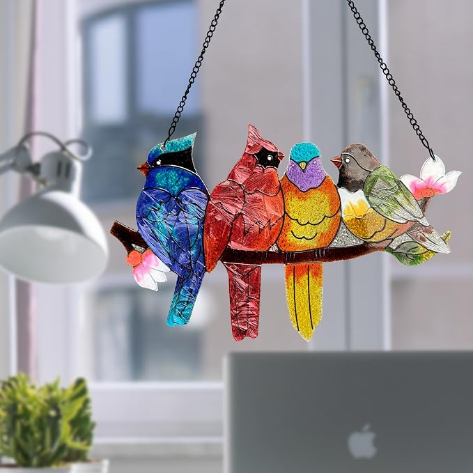 DASTOLL Stained Glass Window Hanging - Large Suncatcher Stained Glass Birds on Branch, Sun Catchers for Indoor Window Doors Room Home Decoration Hummingbird Gifts for Bird Lovers