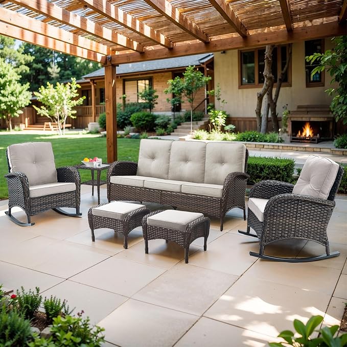 Belord Patio Rocking Chairs Furniture Set of 6, Outdoor Wicker Furniture Sets with Wicker Rocker, Small Patio Conversation Sets with Outdoor Couch Ottomans Brown/Beige