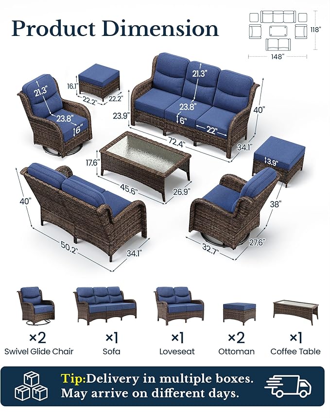 HILLGA Luxury High Back Patio Furniture Set with 6-Inch Thick Cushion, 7-Piece Outdoor Conversation Set with Sofa, Swivel Rocker Chairs & Ottomans, Ideal for Porch Pool Deck Yard (Blue)