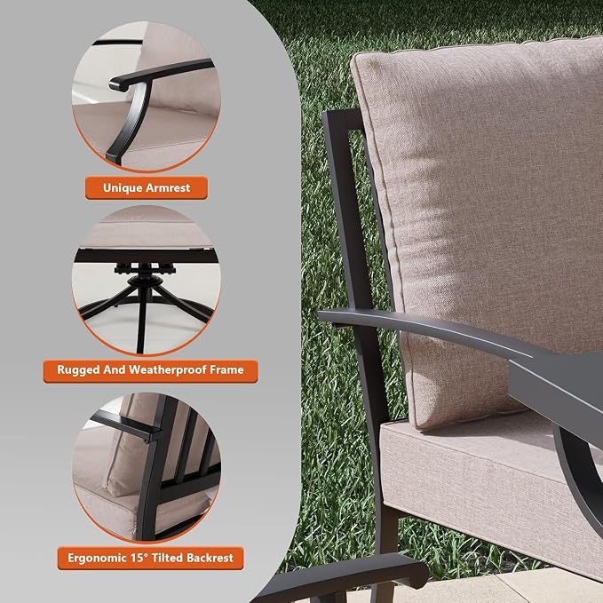 7 Piece Metal Outdoor Patio Furniture Set with 48" Round Propane Fire Pit, Outdoor Dining Table Set with 6 Fixed Chairs and 55000 BTU Outdoor Fire Pit, Sand