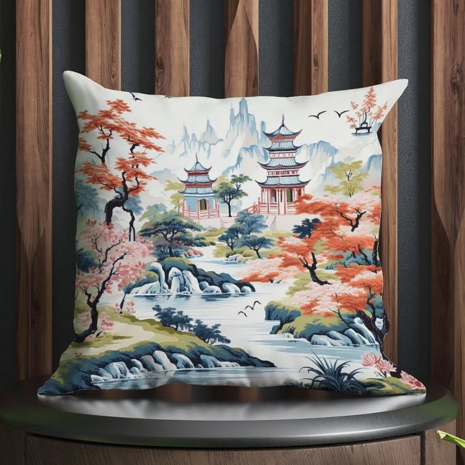 Cushion Cases Chinoiserie Pagoda White Coral Blue Throw Pillow Covers Retro Chinoiserie Chic Asian Pillow Cover Accent Modern Decorative Pillow Covers for Couch Tent Park 22x22 in