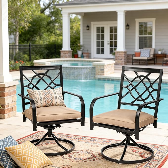 Oakcloud Outdoor Metal Swivel Dining Chairs, Strong Capacity Patio Chairs Set of 2, Patio Dining Chair Patio Furniture with Cushion for Garden, Backyard, Bistro, Black