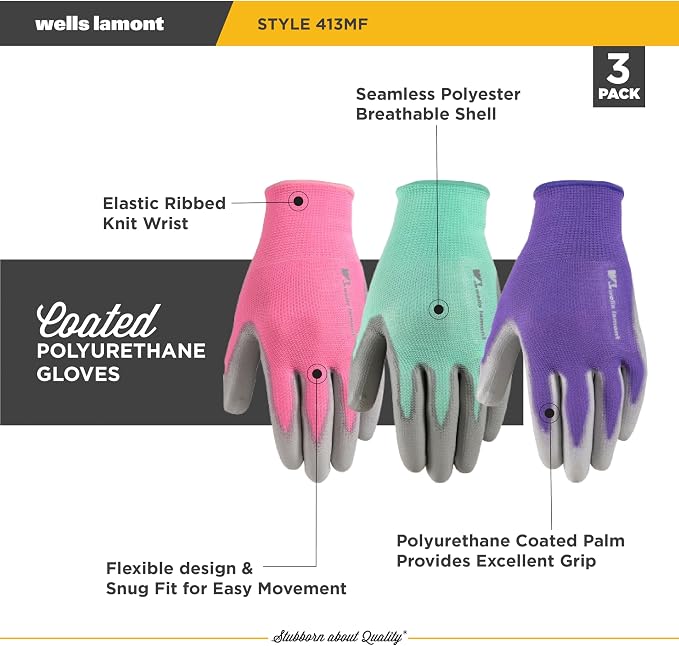 Wells Lamont Gardening Gloves for Women – Breathable Polyester, Seamless Fit – PU-Coated Palm for Grip & Durability