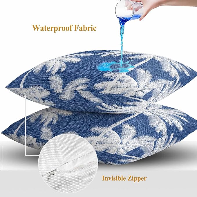 Outdoor Pillow Covers 20x20 Inch Set of 2, Navy Blue Palm Trees Waterproof Throw Pillow Covers, Farmhouse Tropical Summer Beach Decorative Cushion Pillowcases for Couch, Sofa, Bed, Garden, Patio