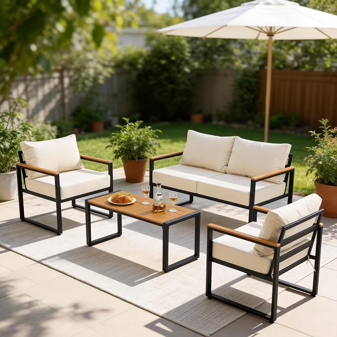 Furnimart 4-Piece Metal Patio Conversation Set, Deep Seating Outdoor Sofa with Coffee Table, Modern Small Space Furniture for Backyard, Deck, Poolside, Porch (Beige)