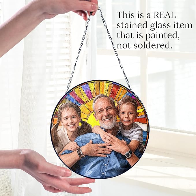 Custom Photo with Fantasy Background, Personalized Stained Glass Window Hanging - Father's Day, Birthday Gift for Dad, Grandpa,Family (Portrait with Background)