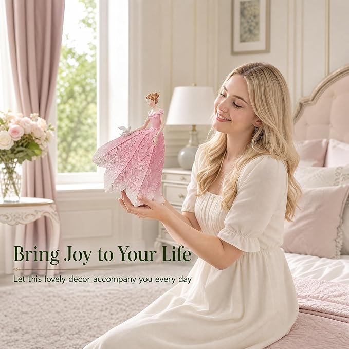 Guichifun Fairy Statue Collection Home Decoration - Pink Leaf Angel Girls Resin Home Garden Patio Living Room Decor Memorial Gift for Mom 5.5 x 3.25 x 8 Inch