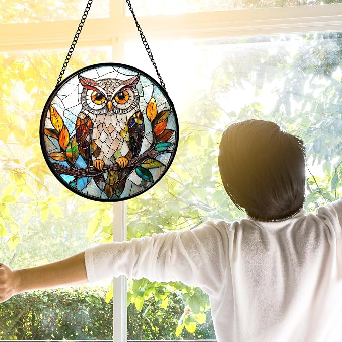 DASTOLL Stained Glass Window Hanging, Owl Colorful Leaves Birds Sun Catchers Diamond Glass Panel Hangings Suncatcher Decor for Birthday for Women, Men, Wife, Aunt, and Mom 6.3 in