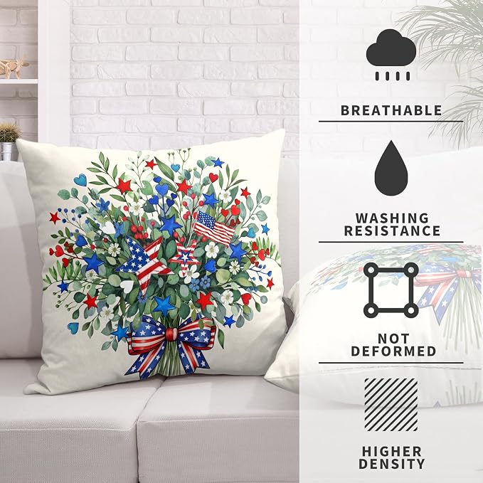 Eucalyptus Patriotic Pillow Covers Red White and Blue July 4th Throw Pillow Covers 16x16 Set of 2 Summer Stars and Stripes Memorial Day Outdoor Pillow Cases for Home Bedroom