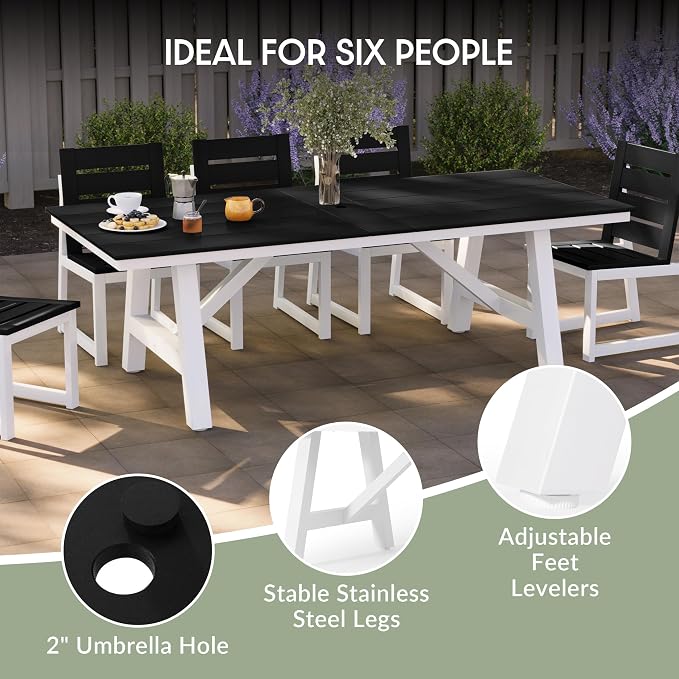 WestinTrends Cape May 9-Piece HDPE Outdoor Furniture Patio Dining Table with Umbrella Hole and Chairs Set for 8, Black