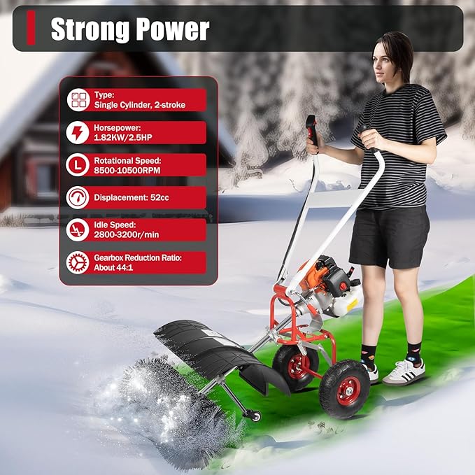 Gasoline Power Sweeper, 52CC 2-Stroke Double Handle Gas Powered Walk Snow Plow with Nylon Brush Sweeping Broom Hand Held Driveway Turf Cleaning for Artificial Grass Power Brush Lawn