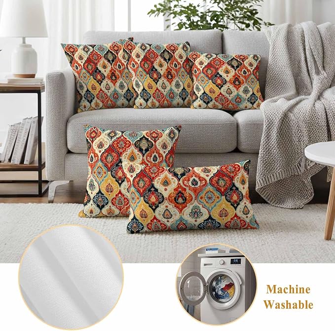 Bohemian Floral Outdoor Pillow Covers 20"x12" Set of 2, Moroccan Exotic Colored Floral Waterproof Throw Pillow Covers for Patio Furniture, Decorative Cushion Covers for Porch