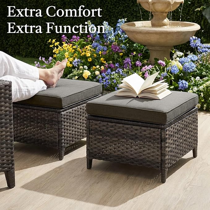 6 Piece Patio Furniture Set with Ottoman - All Weather Patio Conversation Set with 4 Inch Thick Cushions and Deep Seating Swivel Glider Chairs & Outdoor Couch for Porch Deck Yard Pool