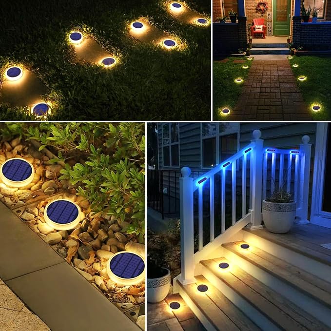 Solar Dock Lights Outdoor Waterproof Stick on Boat Deck Step Stair Driveway Lights Solar Powered for Outside Concrete Flat Disks Patio Ground RV Landscape Walkway Pathway Sidewalk Auto ON/Off (4 Pack)