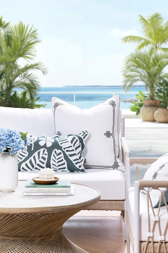 Hofdeco Premium Coastal Hampton Patio Indoor Outdoor Lumbar Pillow Cover Only, 12"x20" Water Repellent for Backyard, Couch, Poolside, Forest Green Print Palm Leaves and Hisbucs Flowers