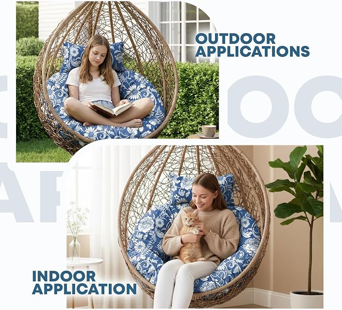 Outdoor Round Egg Chair Cushion Replacement, Waterproof 45" L x 45" W Thicken Hanging Swing Egg Chair Cushions with Headrest Pillow, Soft Wicker Basket Eggs Chairs Pad for Garden Offices (Blue Rose)