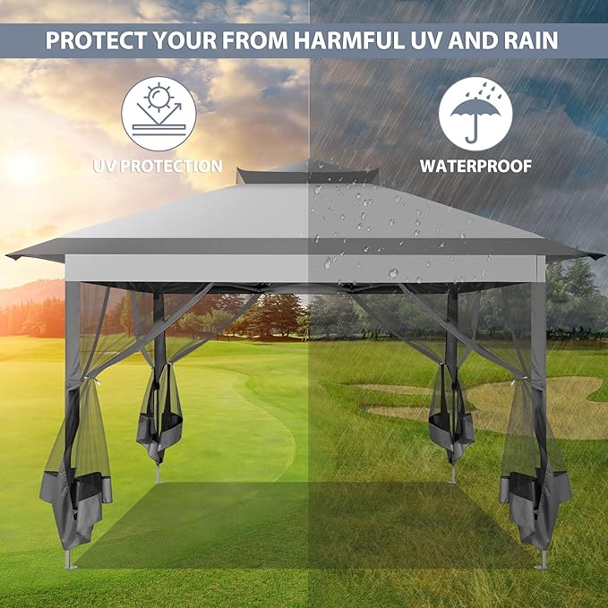 COBIZI 11x11 Pop Up Canopy One-Push Canopy Tent, Carpas para Patio, Outdoor Gazebo Shelter with Double Roof and Mosquito Net of Shade for Lawn, Garden, Backyard and Deck, Gray (Upgraded 2.0)