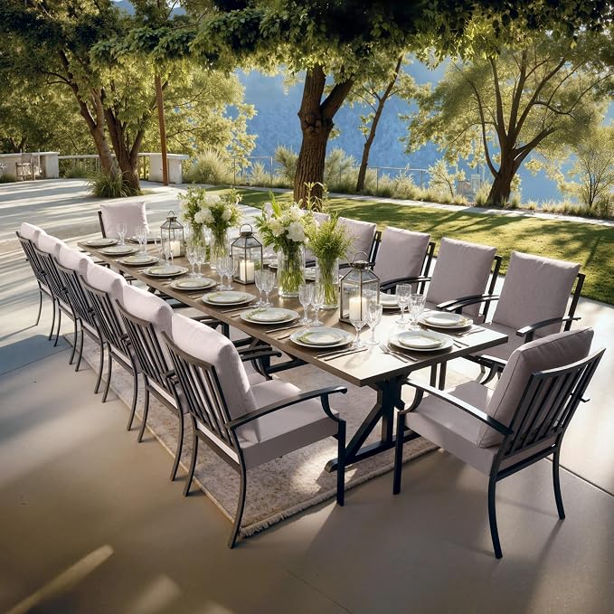 Kullavik 16 Pieces Outdoor Dining Set,Patio Dining Table and Chairs Set for 14,Fence Pattern Back Chairs with Thickened Cushions & X-Frame Metal Dining Table with Umbrella Hole for Patio,Sand