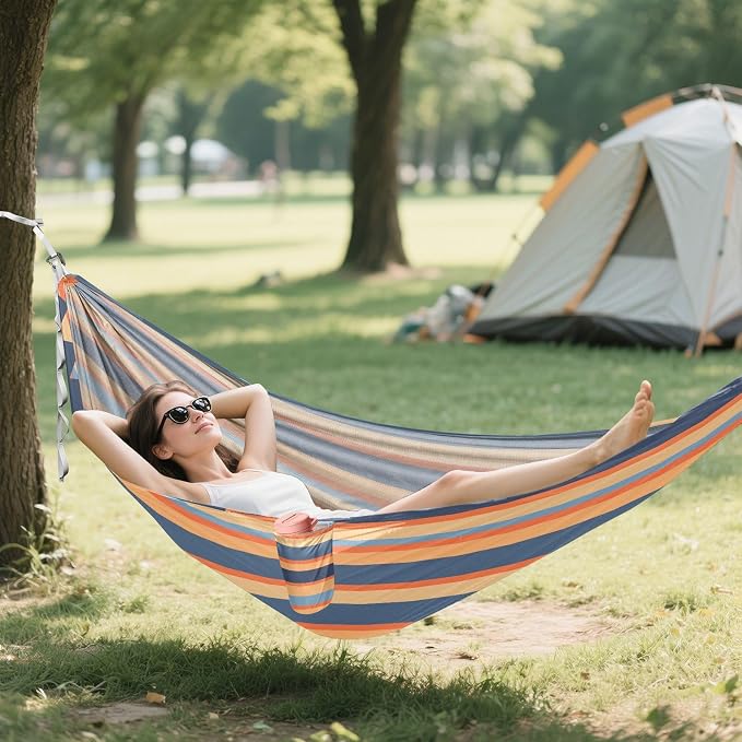 Camping Hammock Outdoor Hammocks for Outside Stripe Blue Orange Beach Trees Portable Lightweight with Pockets Tree Straps Indoor