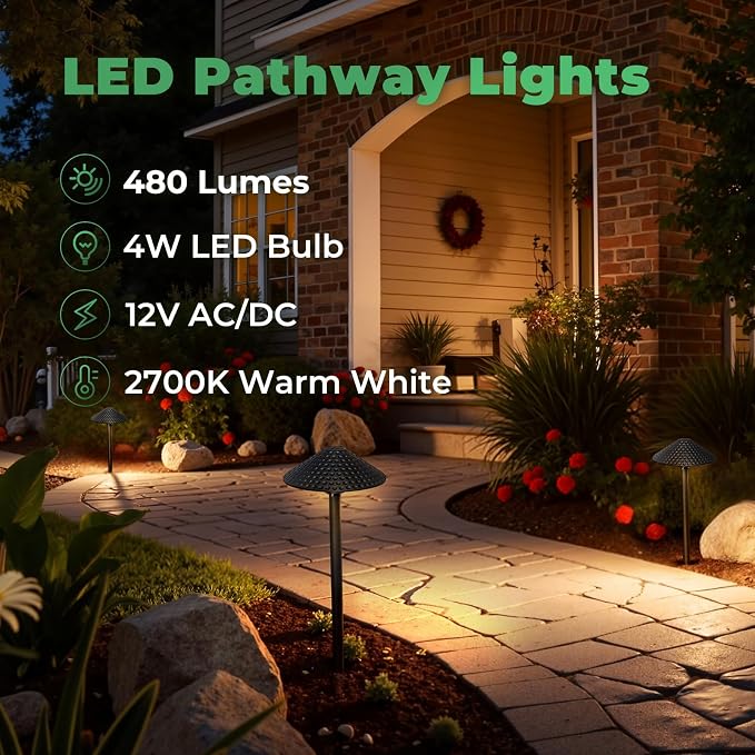 Low Voltage Pathway Lights (6.69'' Shade, 21.54'' Tall) 12V Outdoor LED Landscape Pathway Lighting Aluminum Vintage Hammered Path Lights with 4W 2700K Replaceable Bulb, 8 Pack