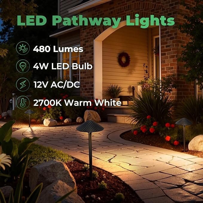Low Voltage Pathway Lights (6.69'' Shade, 21.54'' Tall) 12V Outdoor LED Landscape Pathway Lighting Aluminum Vintage Hammered Path Lights with 4W 2700K Replaceable Bulb, 12 Pack