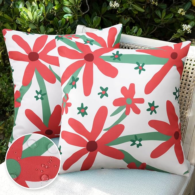 Pyonic Pack of 2 Outdoor Pillows Waterproof 18X18 Inch Spring Boho Floral Water Resistant Decorative Outdoor Pillow Covers for Patio Furniture,White