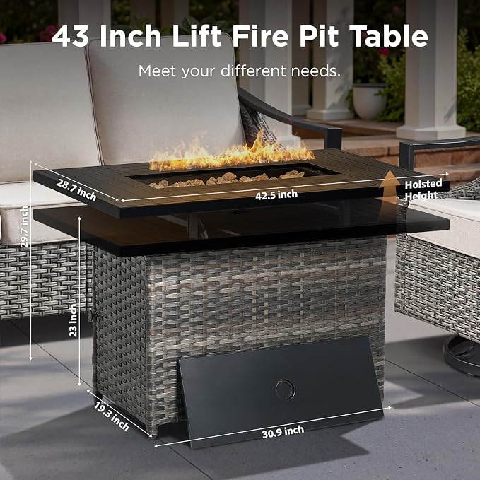 Patio Furniture Set with 42.5" Fire Pit Table-7 Pieces All Weather Wicker Outdoor Furniture with High Back Swivel Patio Chairs Set of 2 Outdoor Patio Conversation for Deck Garden Beige/Gray