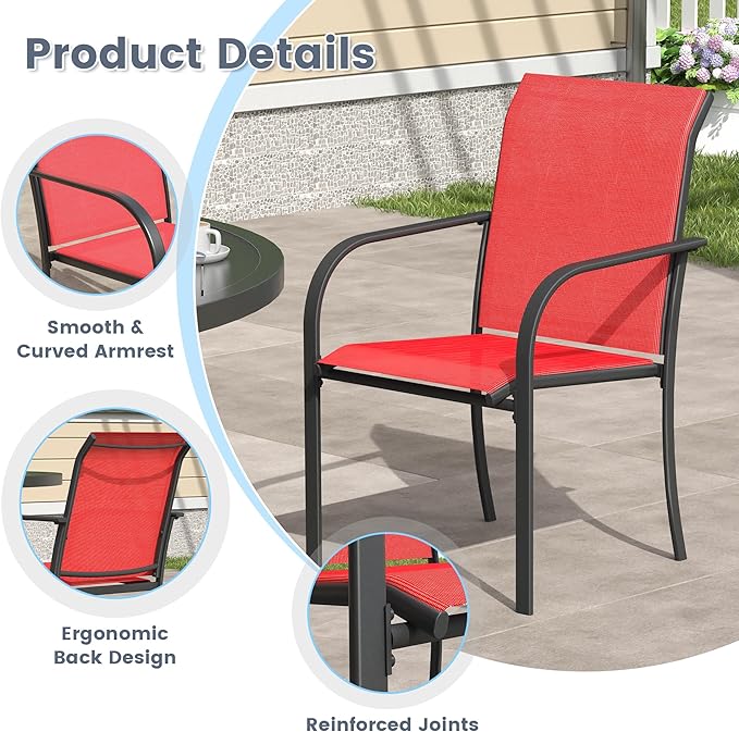 VICLLAX 5 Pieces Patio Outdoor Dining Set, 38" Square Metal Dining Table with Umbrella Hole and 4 Stackable Textilene Chairs for Patio, Lawn, Garden, Porch, Black/Red