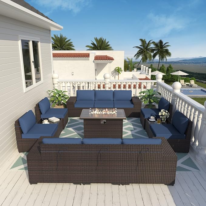 ALAULM 13 Pieces Patio Furniture Set with Propane Fire Pit Table Wicker Outdoor Sectional Sofa Sets Patio Furniture 43" Gas Fire Pit Brown PE Rattan Patio Conversation Set w/10 Cushions (Dark Blue)