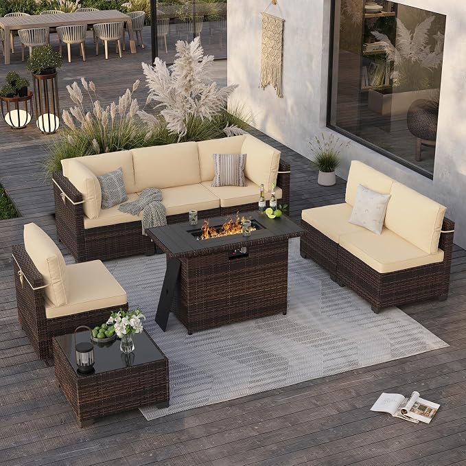 Soohow 8 Piece Patio Furniture Set with 44" Fire Pit Table, Outdoor Sectional Wicker Rattan Conversation Set for Garden, Porch, Backyard - Beige Cushions