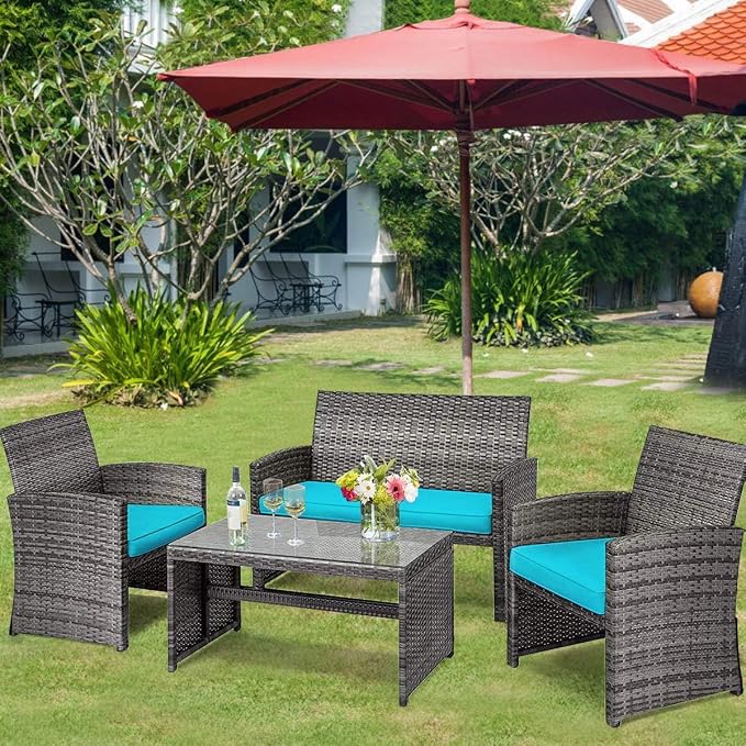 COSTZON HOMGX 4-Piece Patio Furniture Set, Outdoor PE Rattan Conversation Set w/Tempered Glass Table & Soft Cushions, Wicker Conversation for Sofa Porch, Poolside, Backyard (Turquoise)