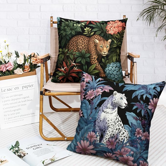 Jungle Leopard Pillow Covers Tropical Cheetah Throw Pillow Covers Hawaiian Lily Daisy Floral Pillow Cases 16x16 Set of 2 Summer Farmhouse Cushion Cases for Home Sofa Couch